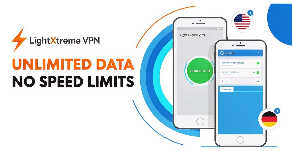 LightXtreme VPN client: unlimited data and speed, 2,000+ servers spread over 70+ countries, multiple devices online at once